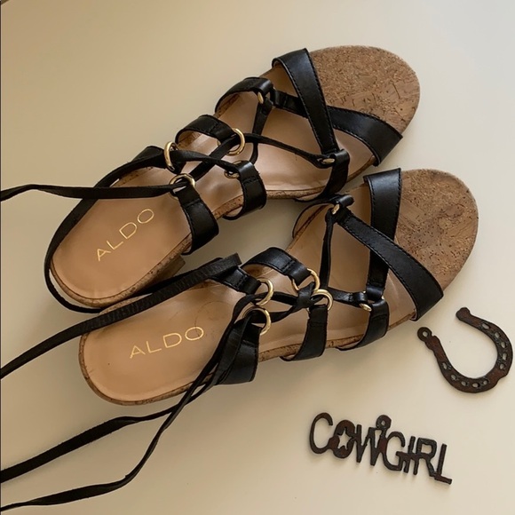 ♡ ALDO ♡ Sandals open toe heel wedges 7.5 black - Picture 5 of 5